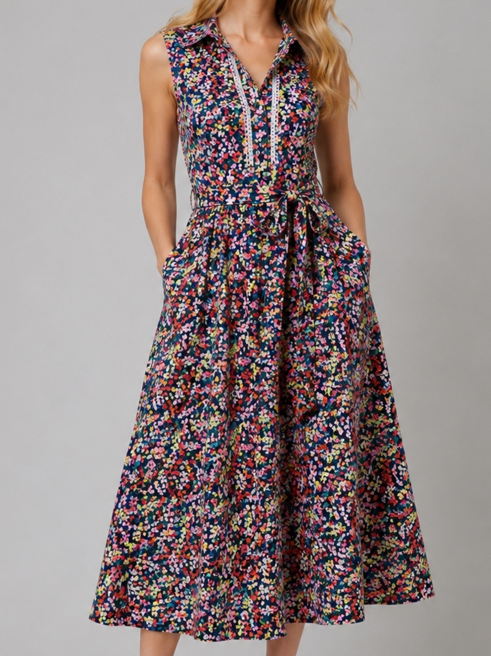 🆕 💐Tommy Hilfiger Palma Floral Sleeveless Midi Dress Belted Cotton Shirt Dress M